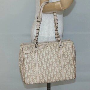 Christian Dior Trotter Canvas Romantic Tote Bag PVC Beige Silver Auth 142190